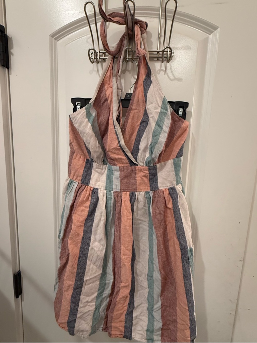 Striped Halter Summer Dress in Peach, Teal & Navy